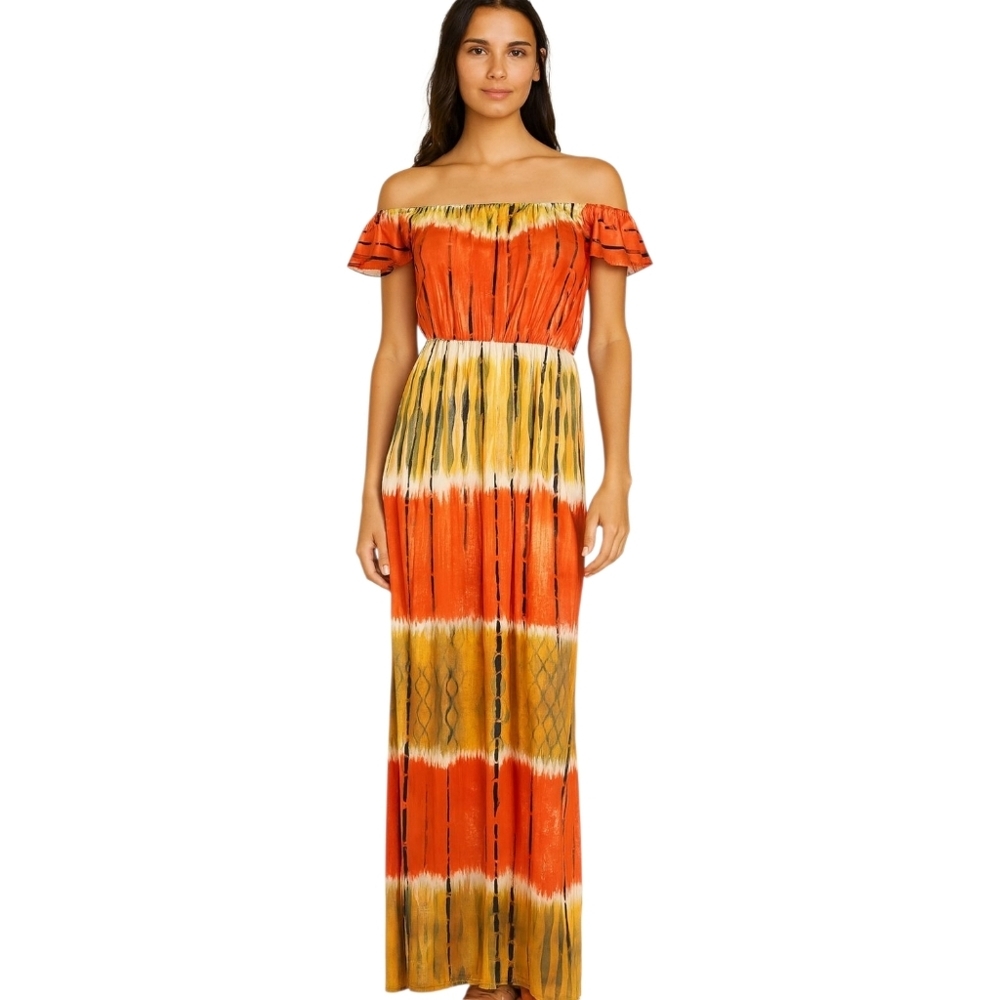 Biubiu Orange Multi-Color Off Shoulder Sleeveless Long Maxi Dress Sze Small NWOT